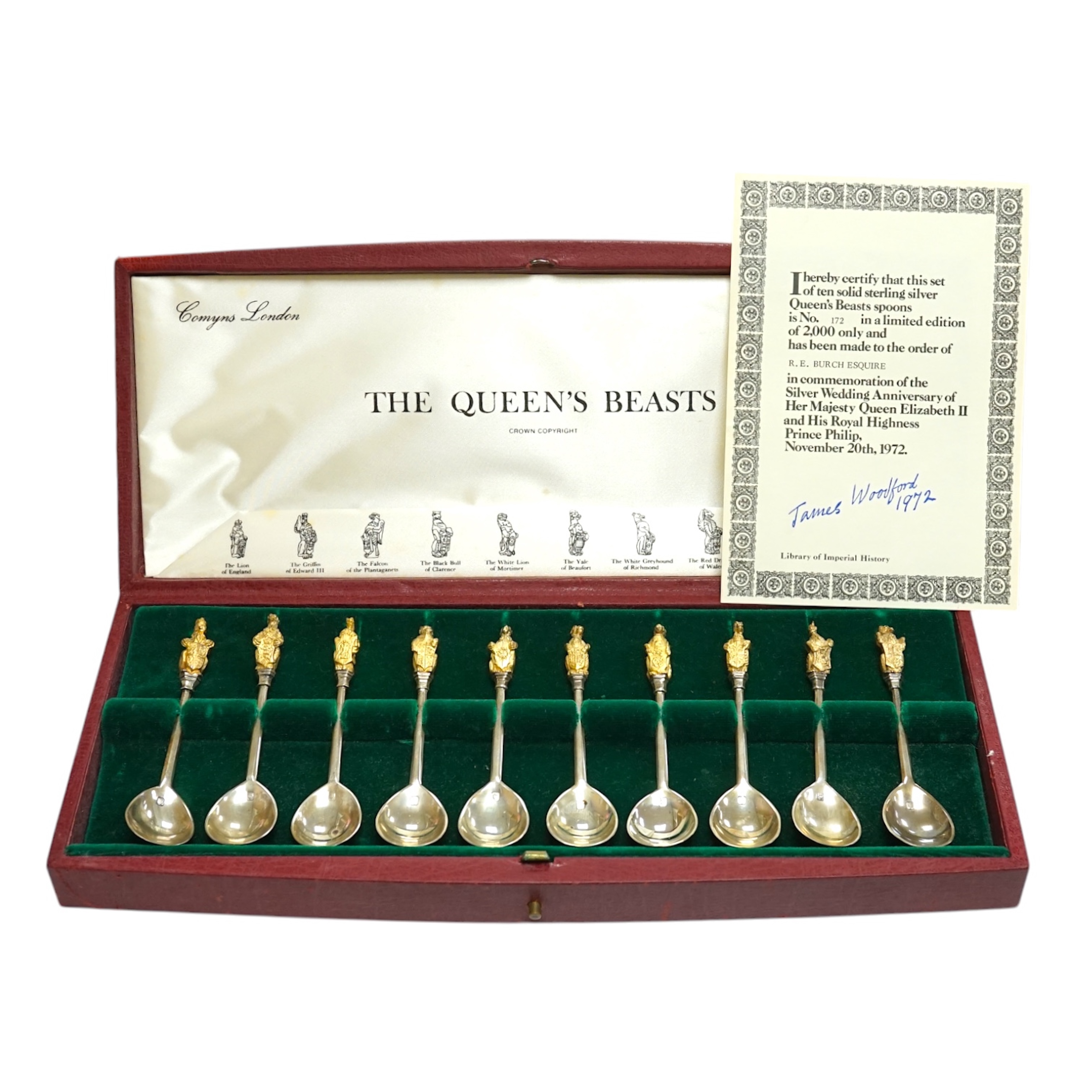 A cased set of ten parcel gilt silver 'The Queens Beasts' Elizabeth II Silver Wedding Anniversary commemorative spoons, William Comyns & Sons Ltd, London, 1972, 11.6cm. Condition - fair to good